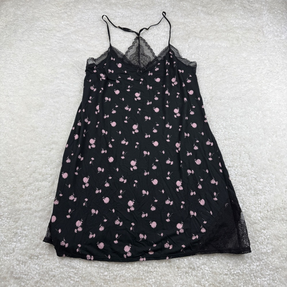 Victoria's Secret Nightgown Women Medium Black Floral Lace Trim Chemise Slip